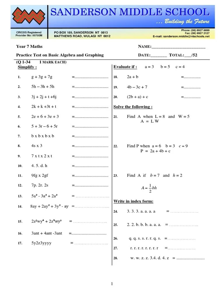 Year 7 basic algebra and graphing practice test