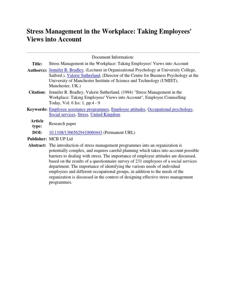 Stress Management In The Workplace | PDF | Stress (Biology) | Nonverbal Communication