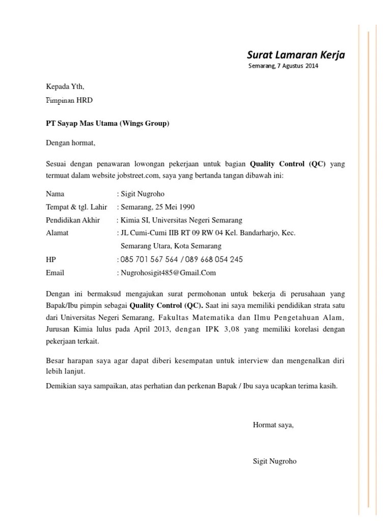 Oleh sebab itu dalam membuat surat lamaran . Surat Lamaran Pekerjaan Pt Sayap Mas Utama Wings Group Pdf
