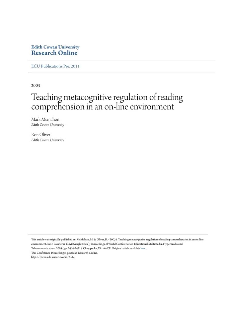 Teaching Metacognitive Regulation Of Reading Comprehension In An Online ...