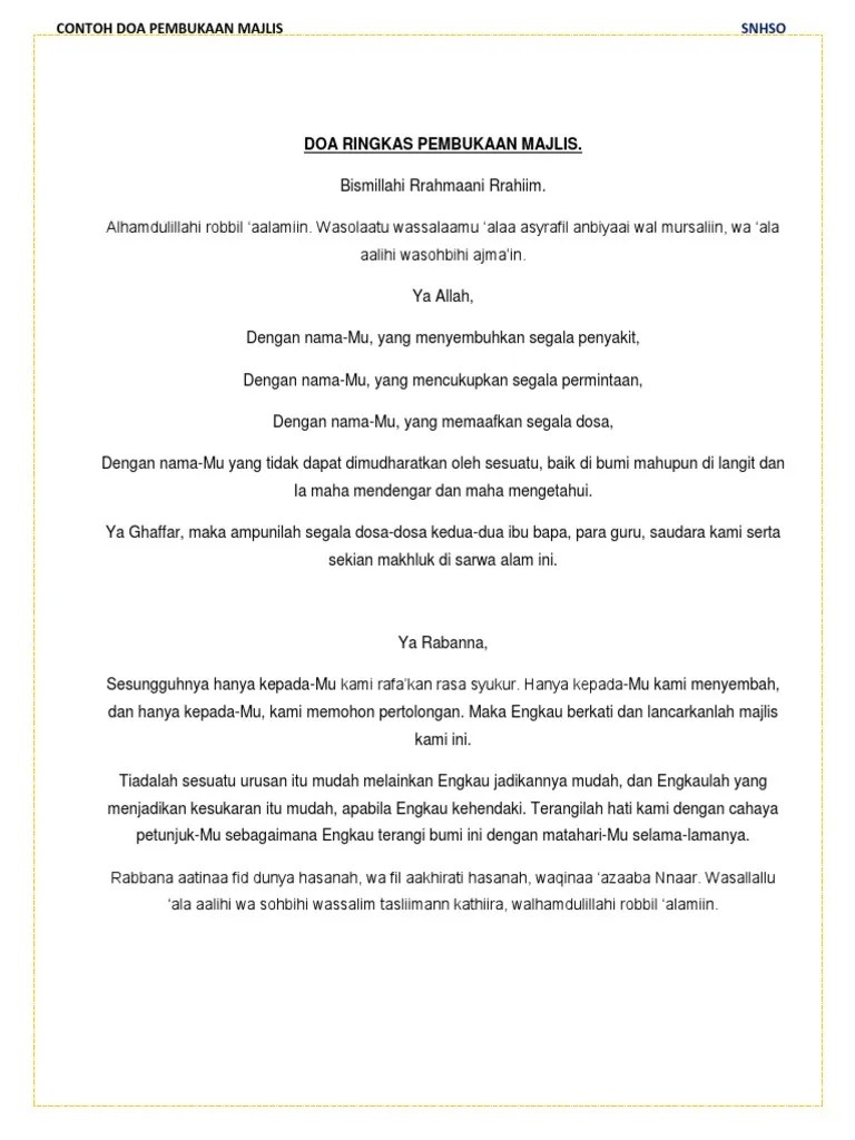 Berikut dikongsikan beberapa contoh bacaan teks doa selamat yang . Teks Doa Ringkas Pembukaan Majlis 1 Pdf