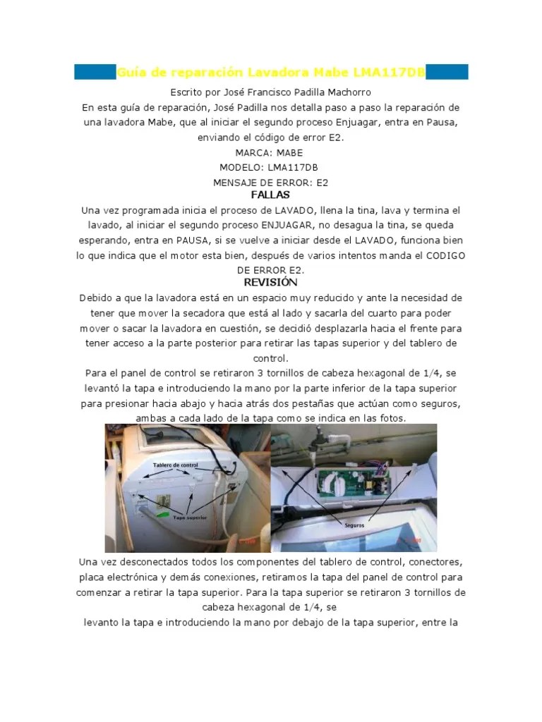 Guía De Reparación Lavadora Mabe LMA117DB | PDF | Lavadora | Bomba