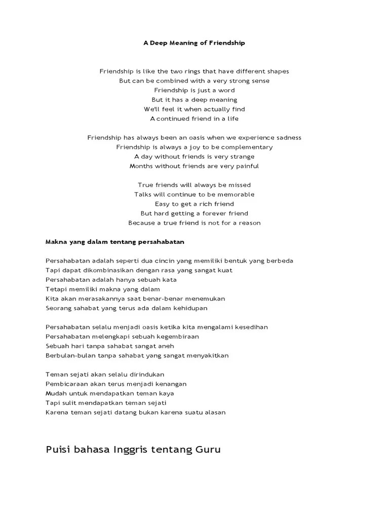 Berikut beberapa contoh puisi dalam bahasa inggris mengenai ibu atau keluarga dan mengenai guru. Lagu Tentang Sahabat Bahasa Inggris