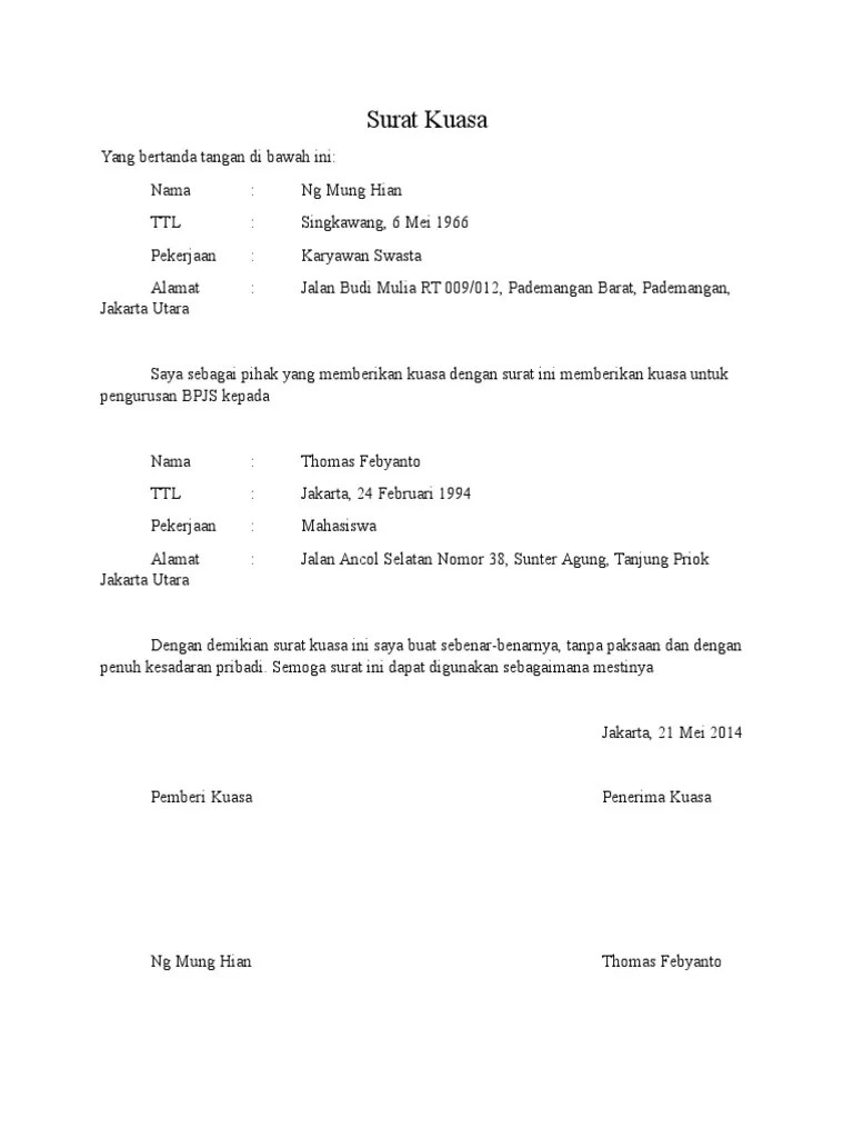 Contoh Surat Kuasa Pengurusan Bpjs Doc Contoh Makalah 