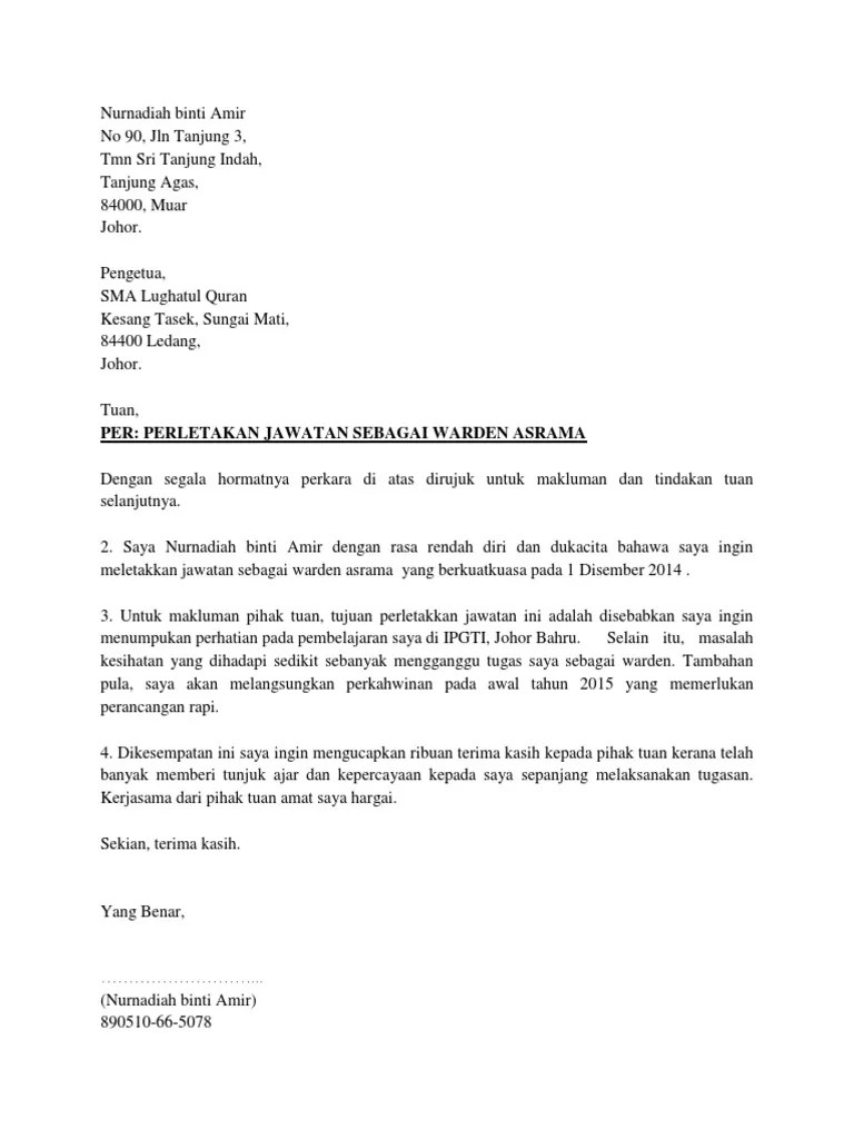 Contoh surat letak jawatan ajk. Surat Perletakan Jawatan Sebagai Warden Pdf