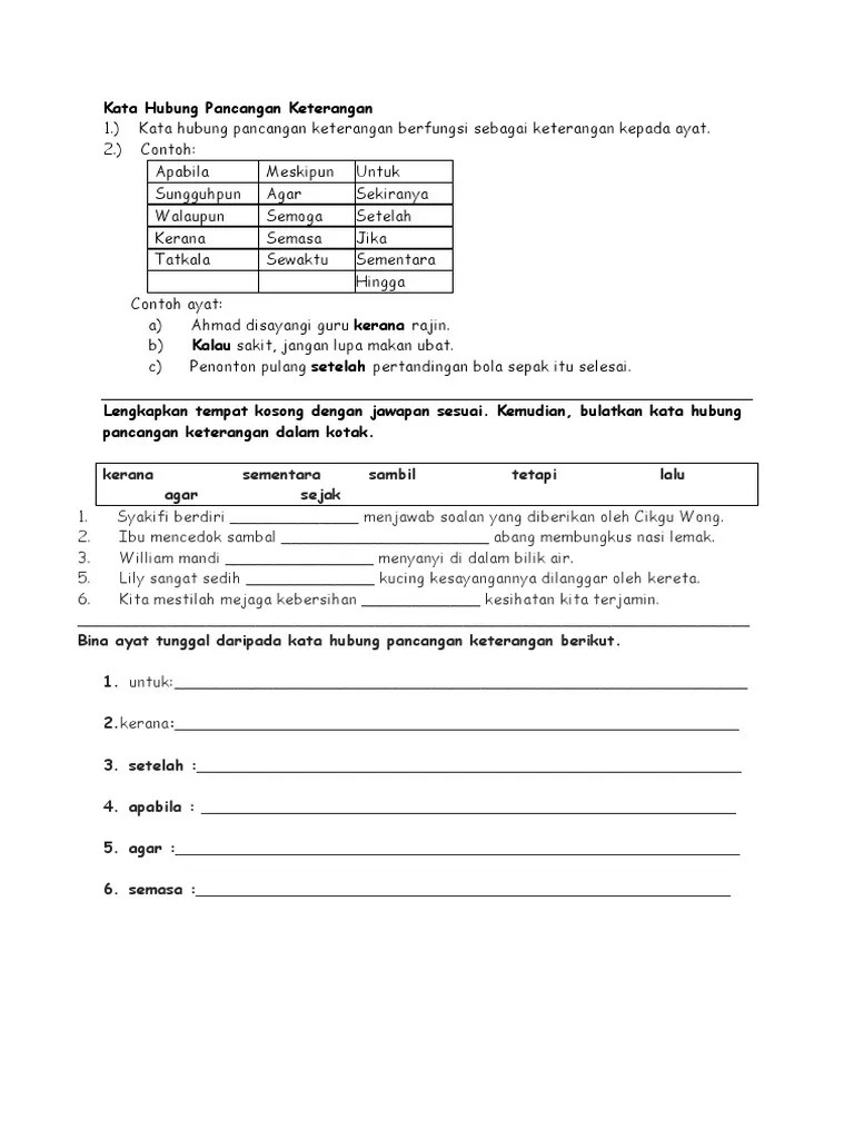 Contoh Ayat Kata Hubung Tahun 2 - Tchercollection Tc Latihan Kata Hubung Dan Ayat Majmuk Facebook