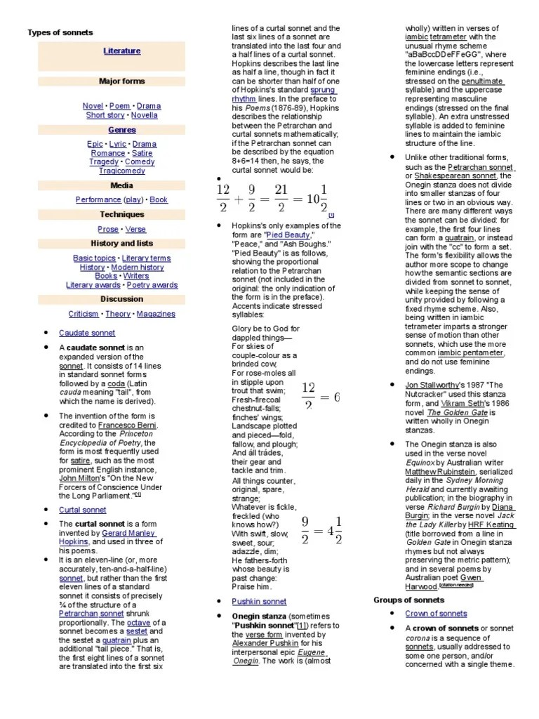 Types Of Sonnets Literature | PDF | Sonnets | Stanzaic Form