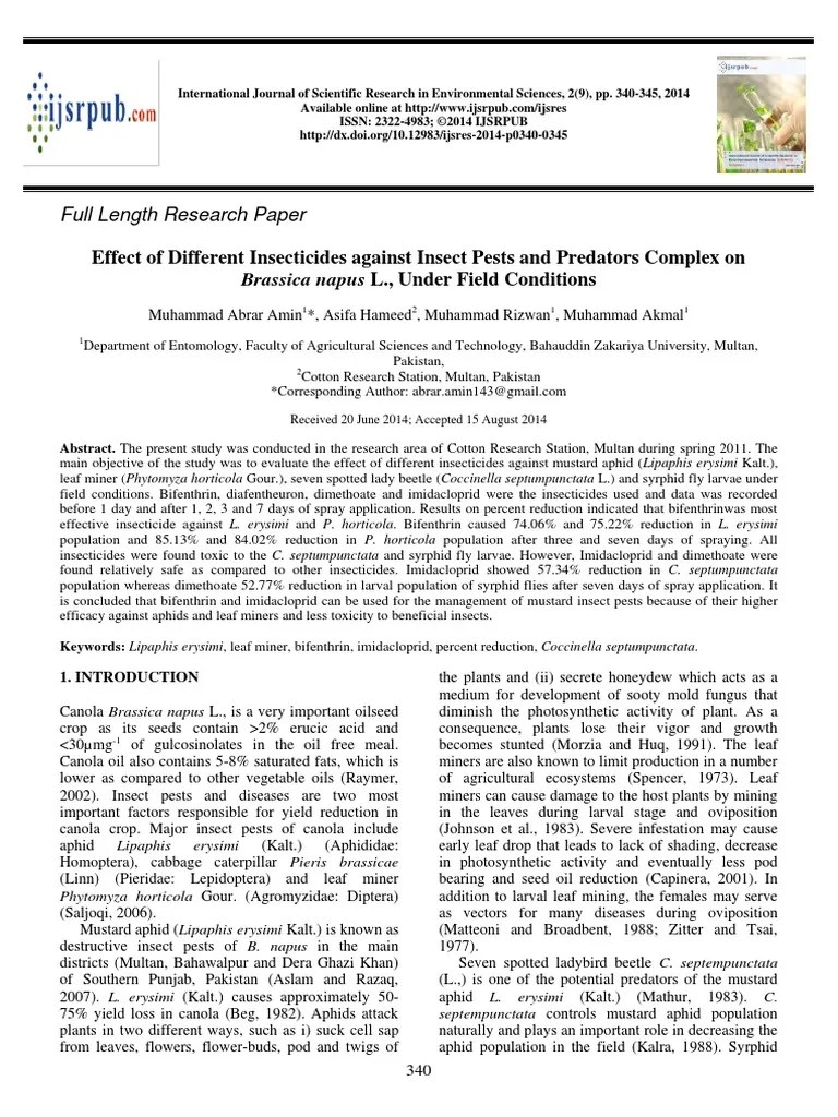 Effect Of Different Insecticides Against Insect Pests And Predators Complex On Brassica Napus L ...
