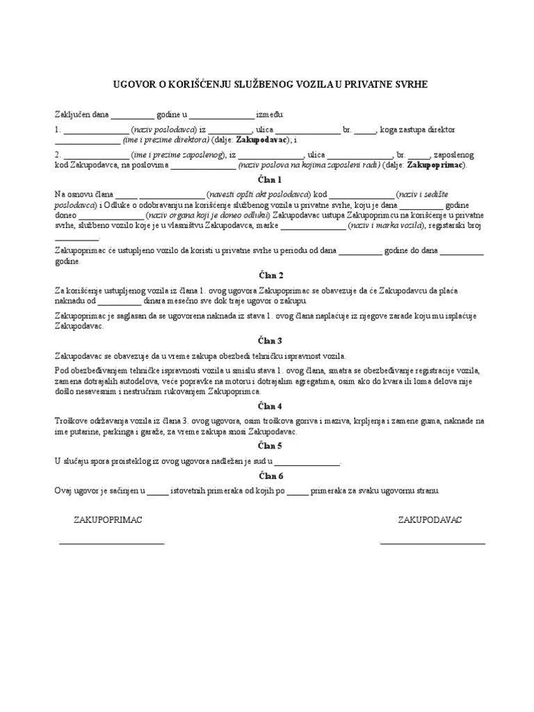Ugovor O Korišćenju Službenog Vozila | PDF