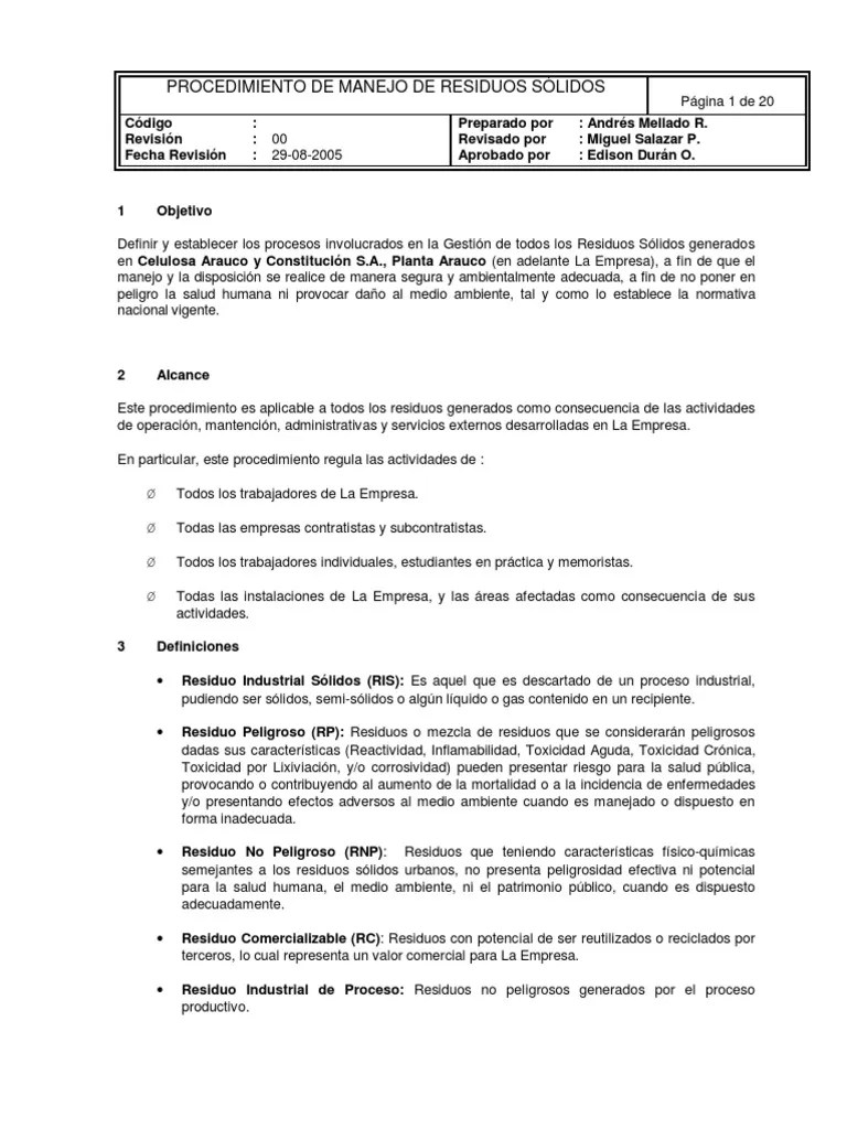 Procedimiento Manejo De Residuos Solidos PDF | PDF | Residuos | Reciclaje
