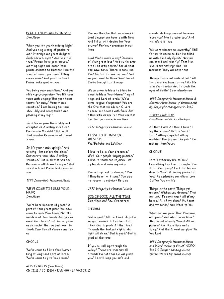 Don Moen Lyrics: God Is Good | PDF | Jesus | Lamb Of God