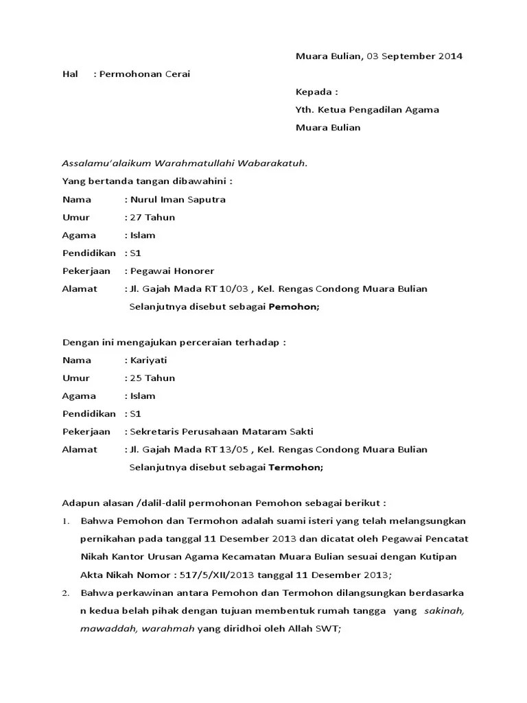 Bapak ibu ketua pengadilan negeri agama bandung di tempat dengan hormat. Contoh Surat Gugatan Cerai