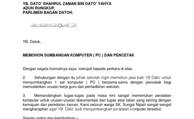 Surat Mohon Peruntukan Untuk Membeli Lap Laptop Daripada Murid