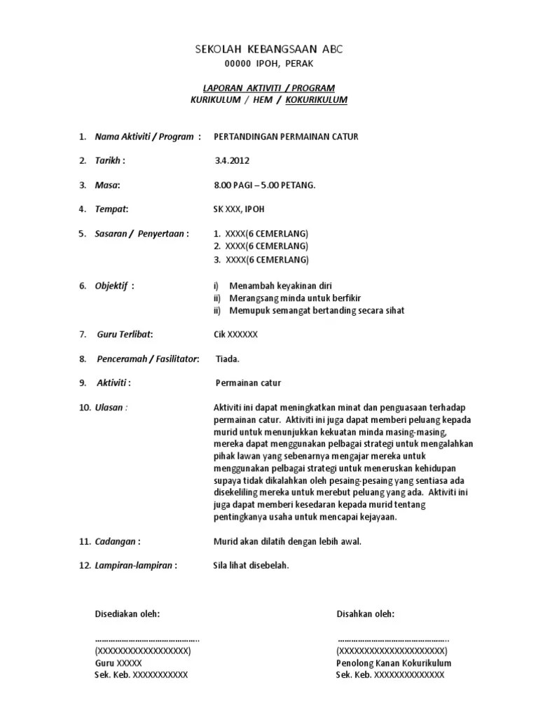 Sekolah kebangsaan abc 00000 ipoh perak laporan aktiviti program . Contoh Laporan Aktiviti Program