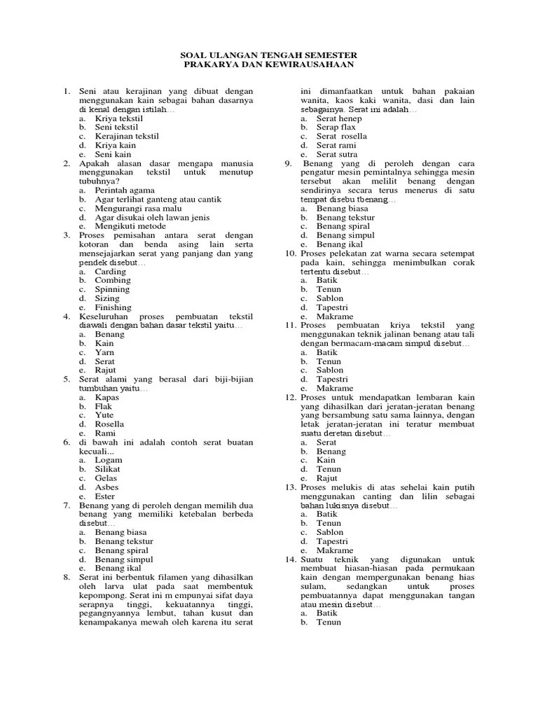 Latihan soal uts prakarya kelas 9 semester 1 . Soal Ulangan Prakarya Dan Kewirausahaan Pdf