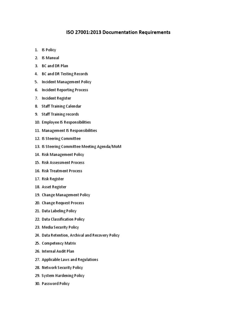 ISO 27001 2013 Documentation Requirements | PDF