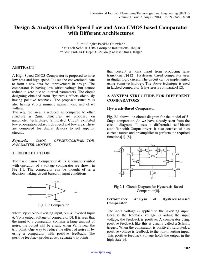Design & Analysis Of High Speed Low And Area CMOS Based Comparator With ...