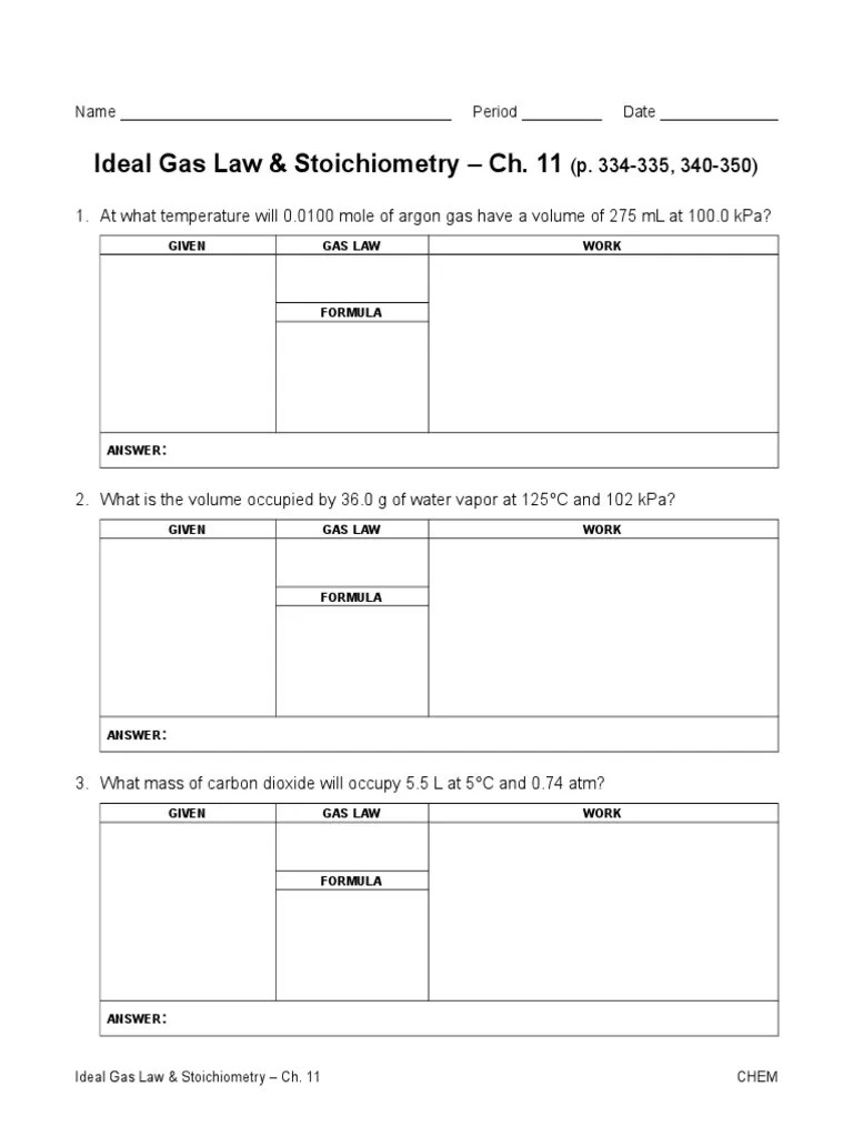 18) if i have an unknown quantity of gas at a pressure of 1.2 atm, a volume of 31 liters, and a temperature of 87 0c, how many moles of gas do i have? Worksheet Ideal Gas Law And Stoichiometry Pdf