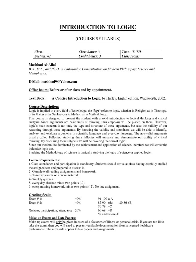 Introduction To Logic: (Course Syllabus) | PDF | Logic | Argument