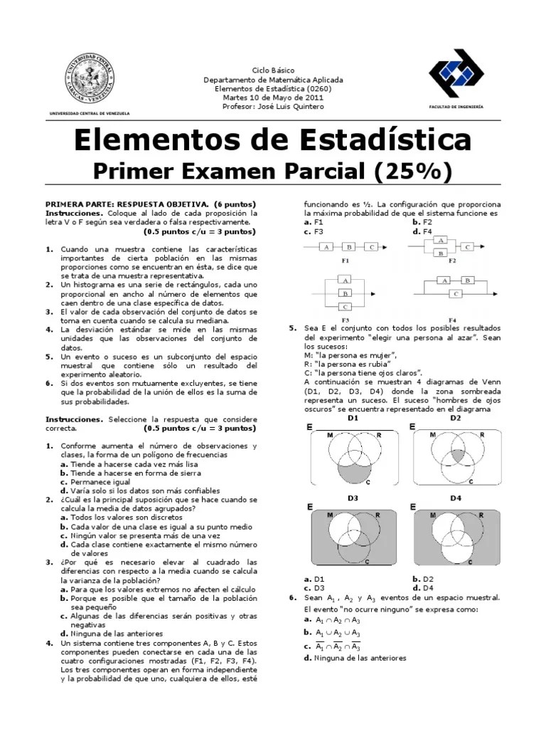 Parcial 1 0260 ESTADISTICA UCV PROF JOSE QUINTERO | PDF | Probabilidad | Diferencia