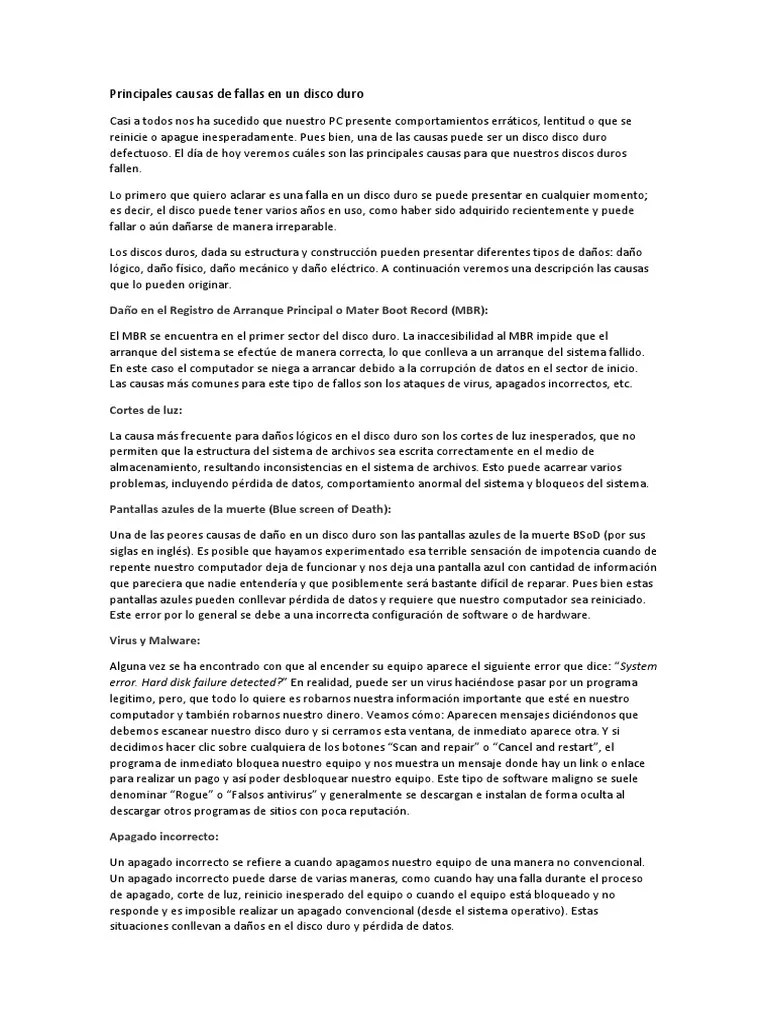 Principales Causas De Fallas En Un Disco Duro | PDF | Disco Duro | Archivo De Computadora