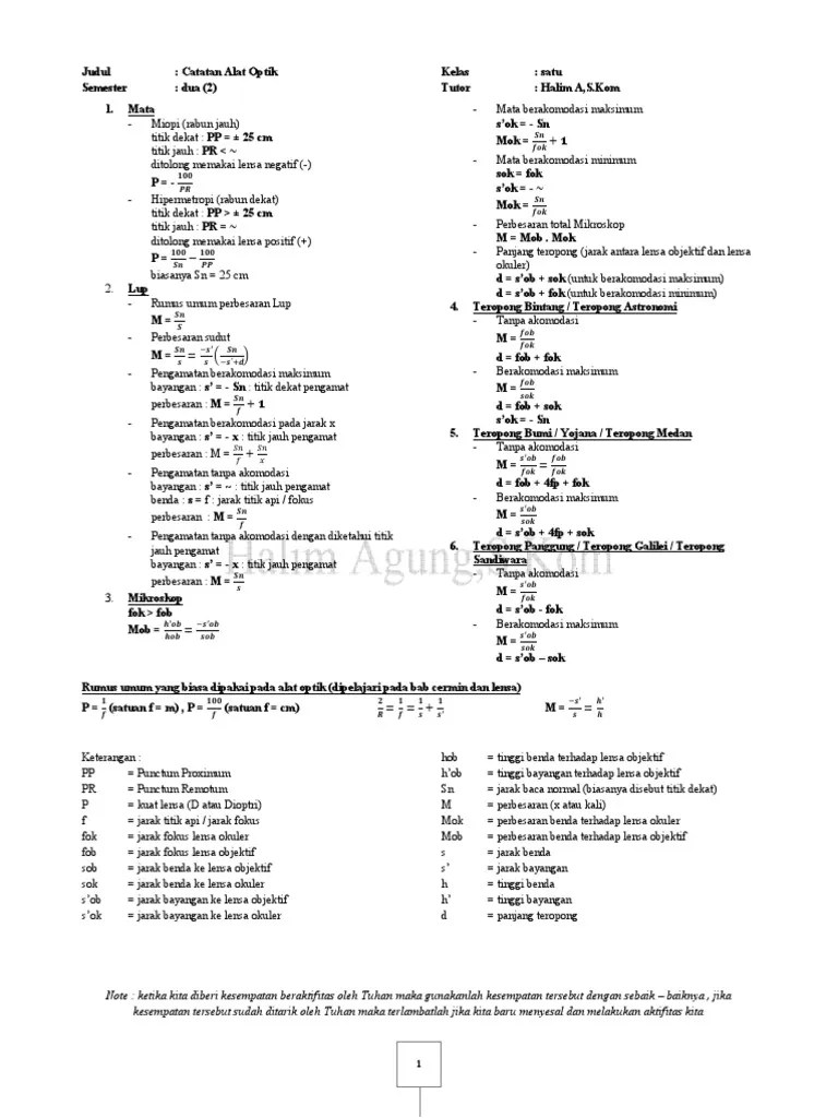 Rumus untuk mencari titik fokus pada lensa kamera sama seperti yang kita gunakan pada lensa kaca mata. Rumus Fisika Alat Optik Pdf