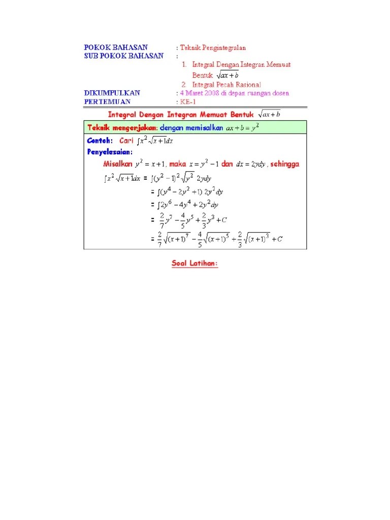 Format adalah sebuah teks (string) untuk ditampilkan. Contoh Soal Integral Akar Pecahan