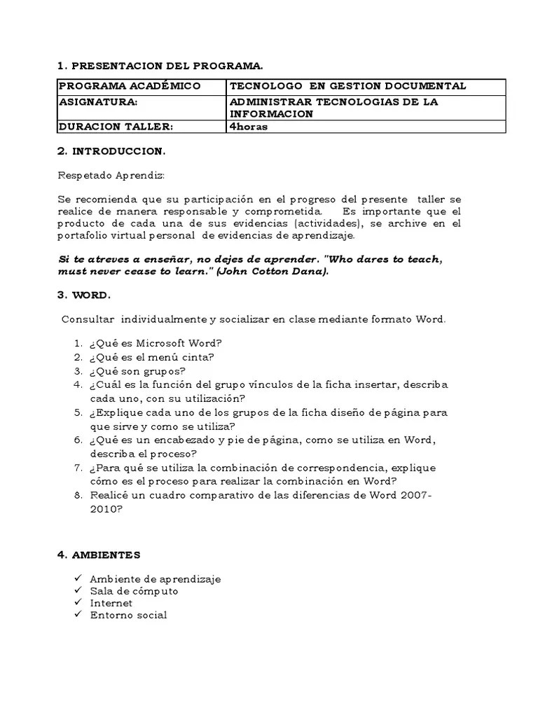 Taller De Word | Descargar Gratis PDF | Point And Click | Microsoft Word