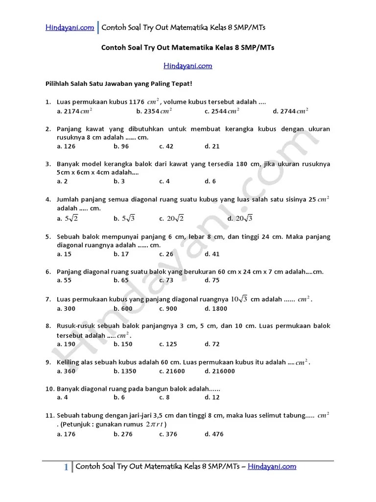 Demikian informasi tentang contoh latihan soal penilaian akhir semester ( pas ) matematika kelas 8 smp / mts semester 1, semoga bermanfaat. Contoh Soal Matematika Kelas 8 Smp Mts Pdf