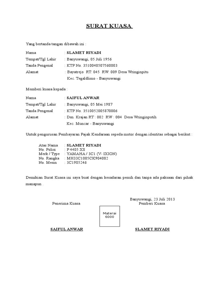 Sekarang anda sudah mengetahui bentuk surat kuasa untuk perpanjangan stnk. Contoh Surat Kuasa Pajak Info Gtk