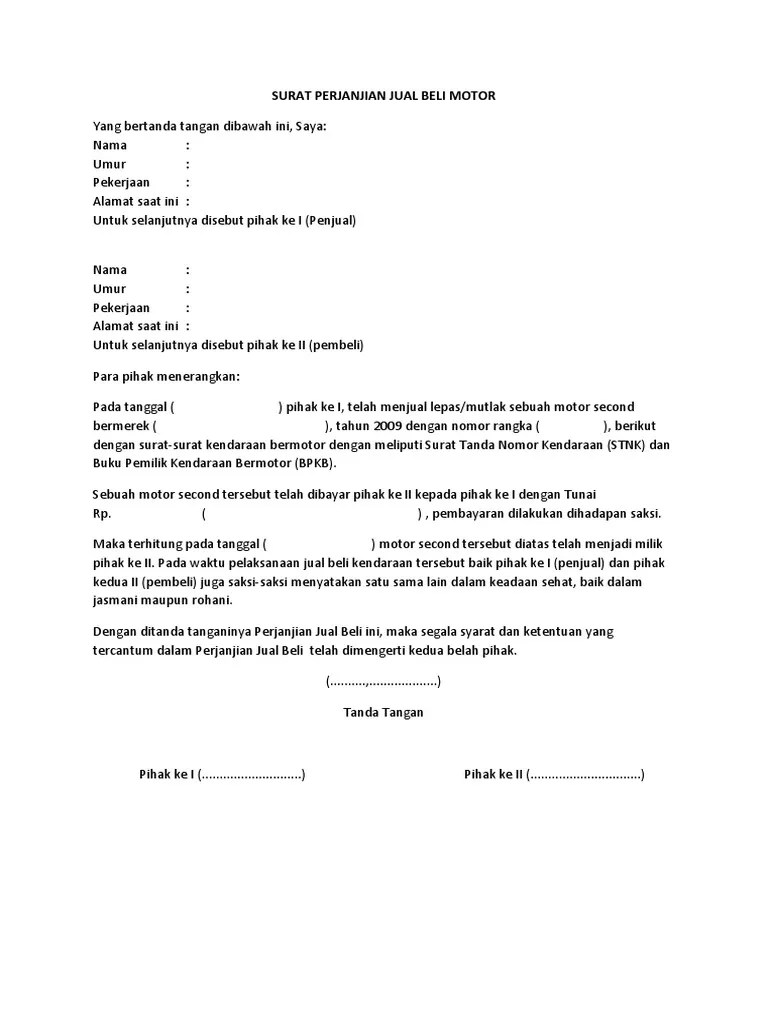 Contoh surat perjanjian jual beli motor bermaterai zofay texaw. Surat Perjanjian Jual Beli Motor