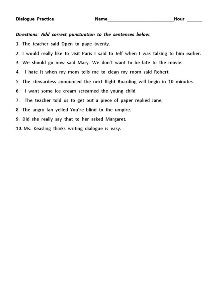 dialogue worksheet practice