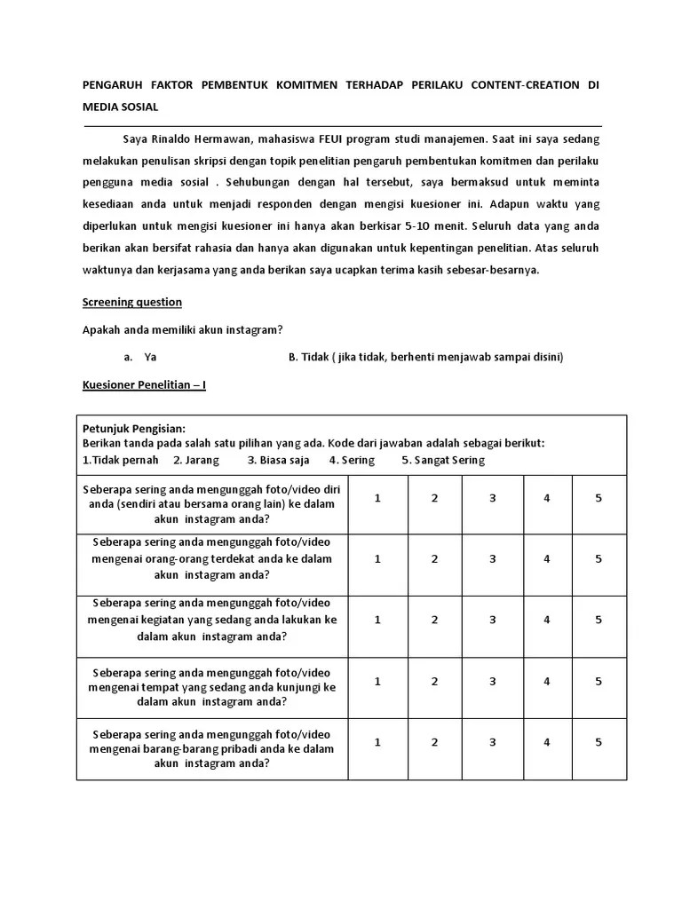Jenis penelitian kuantitatif, juga menggunakan survey kuesioner secara. Contoh Kuesioner Penelitian Kuantitatif Pdf Aneka Macam Contoh
