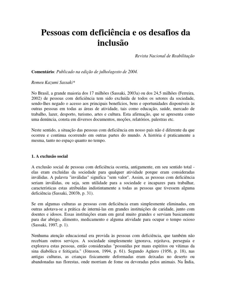 Pessoas Com Deficiencia E Os Desafios Da Inclusao PDF | PDF | Exclusão Social | Deficiência