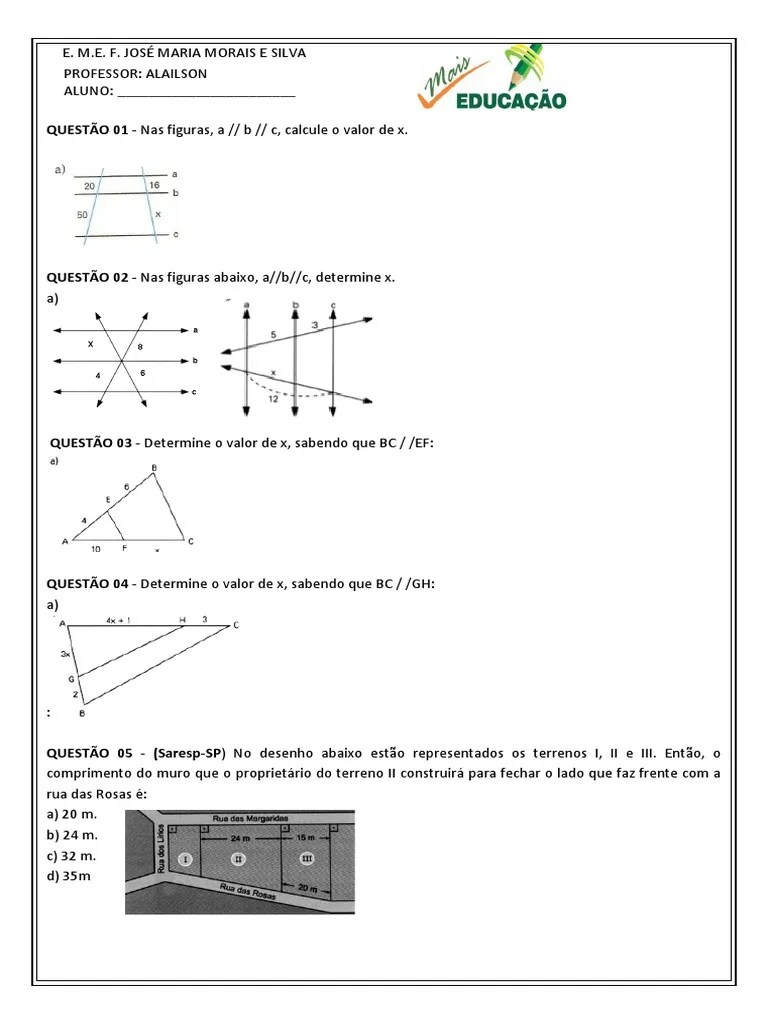 Lista De Exercícios Teorema De Tales | PDF | Objetos Geométricos | Triângulo