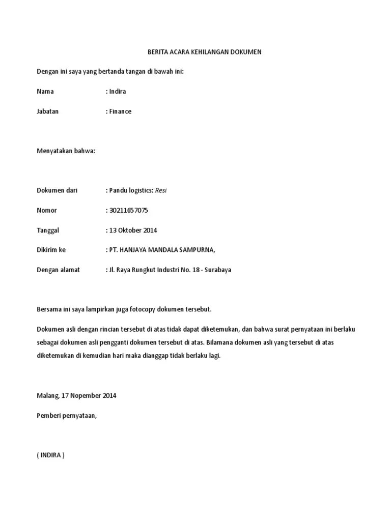 Berita Acara Kehilangan - Riset