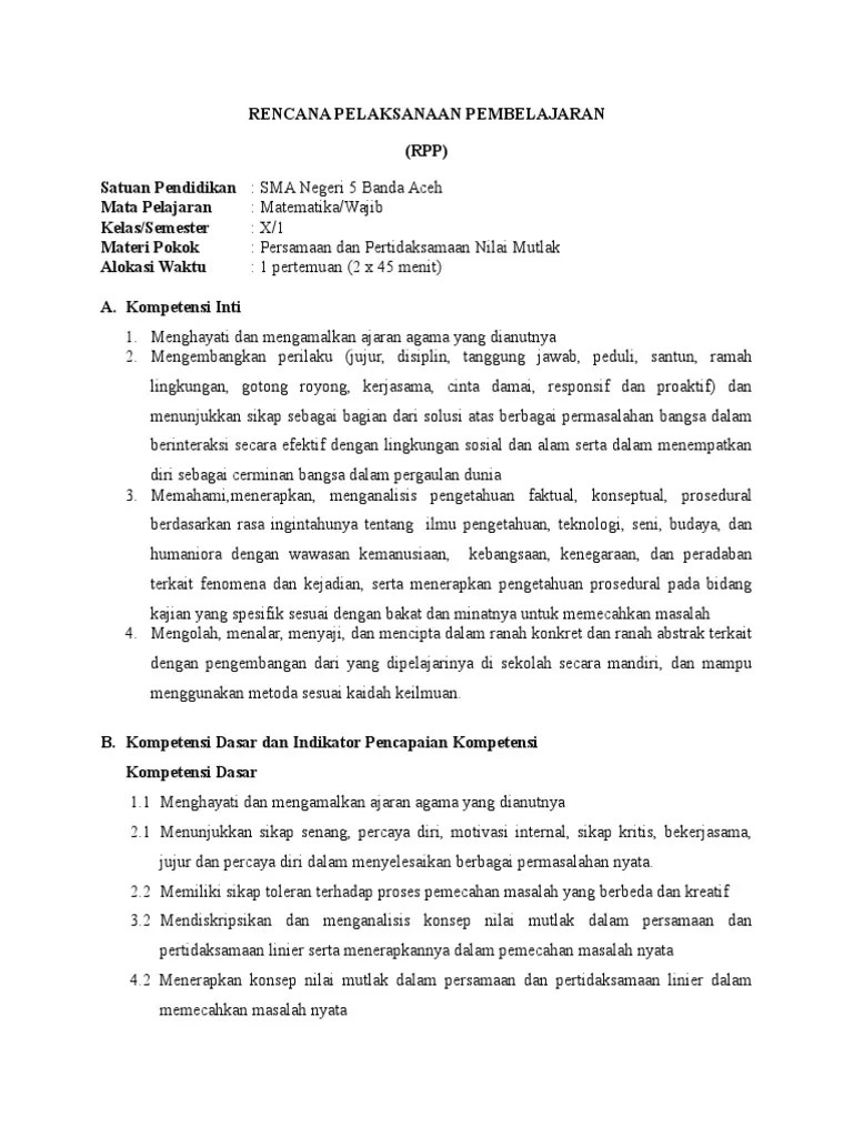 Postingan kali ini saya akan berbagi 16 soal pilihan ganda tentang persamaan dan pertidaksamaan nilai mutlak untuk jenjang sma kelas 10. Rpp Pertidaksamaan Nilai Mutlak Pdf