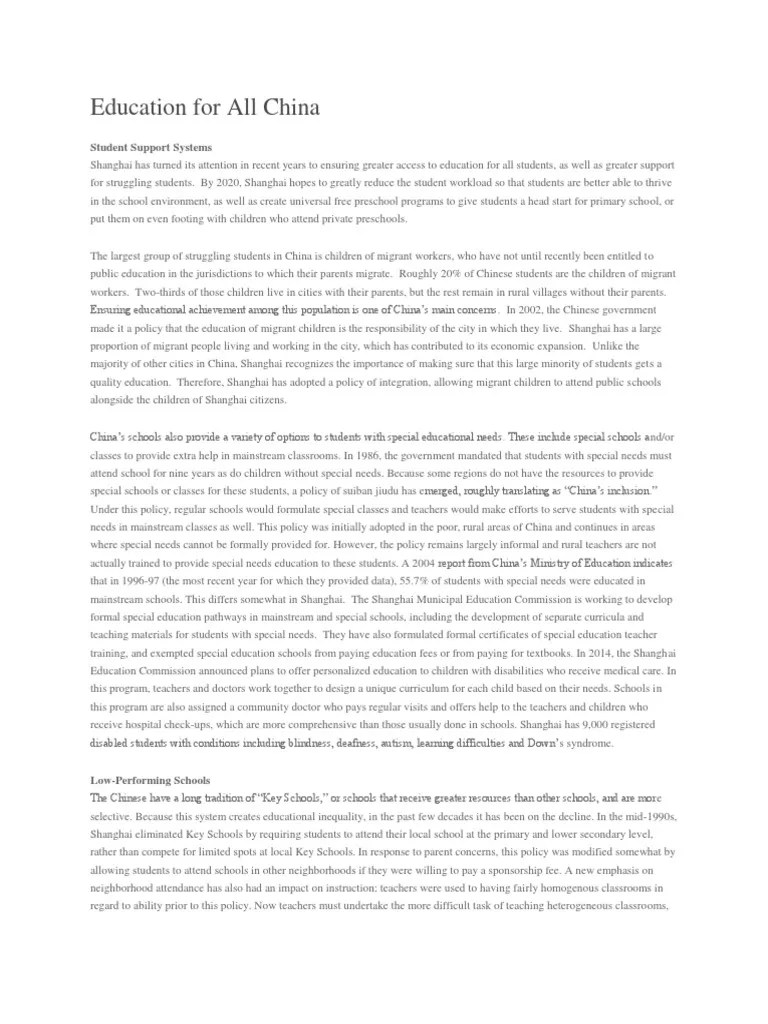 Education For All China | PDF | Special Education | Quality Of Life