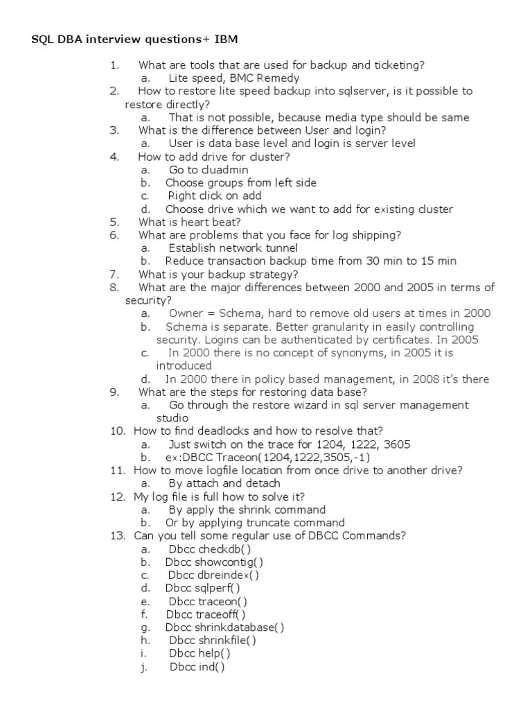 IBM - SQL DBA Interview Questions - SQL DBA Interview Questions | PDF ...