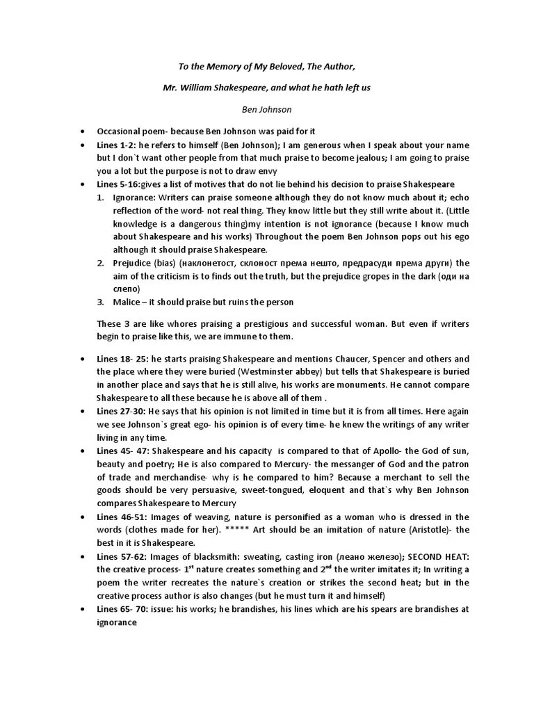 To The Memory Of My Beloved WS - Ben Johnson-1 | PDF | Ben Jonson | William Shakespeare