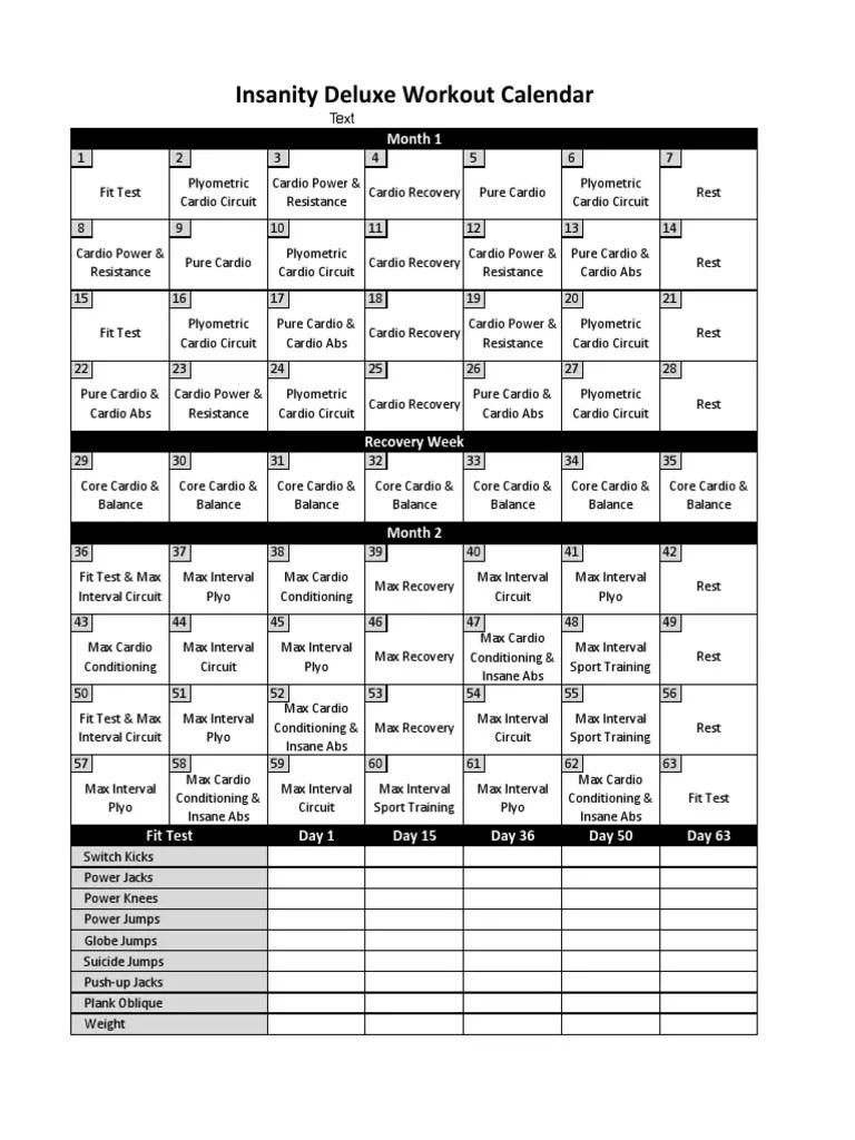 insanity workout deluxe calendar simple physical exercise recreation
