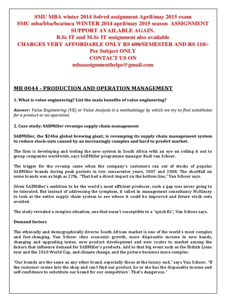 Mb 0044 Production And Operation Management Winter 2014