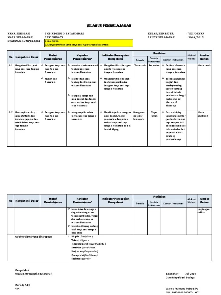 Sehubungan dengan hal di atas, bagi bapak/ibu guru yang mengajar matapelajaran seni budaya baik kelas 7, kelas 8, dan kelas 9, untuk memudahkan . Silabus Seni Budaya Semester Genap