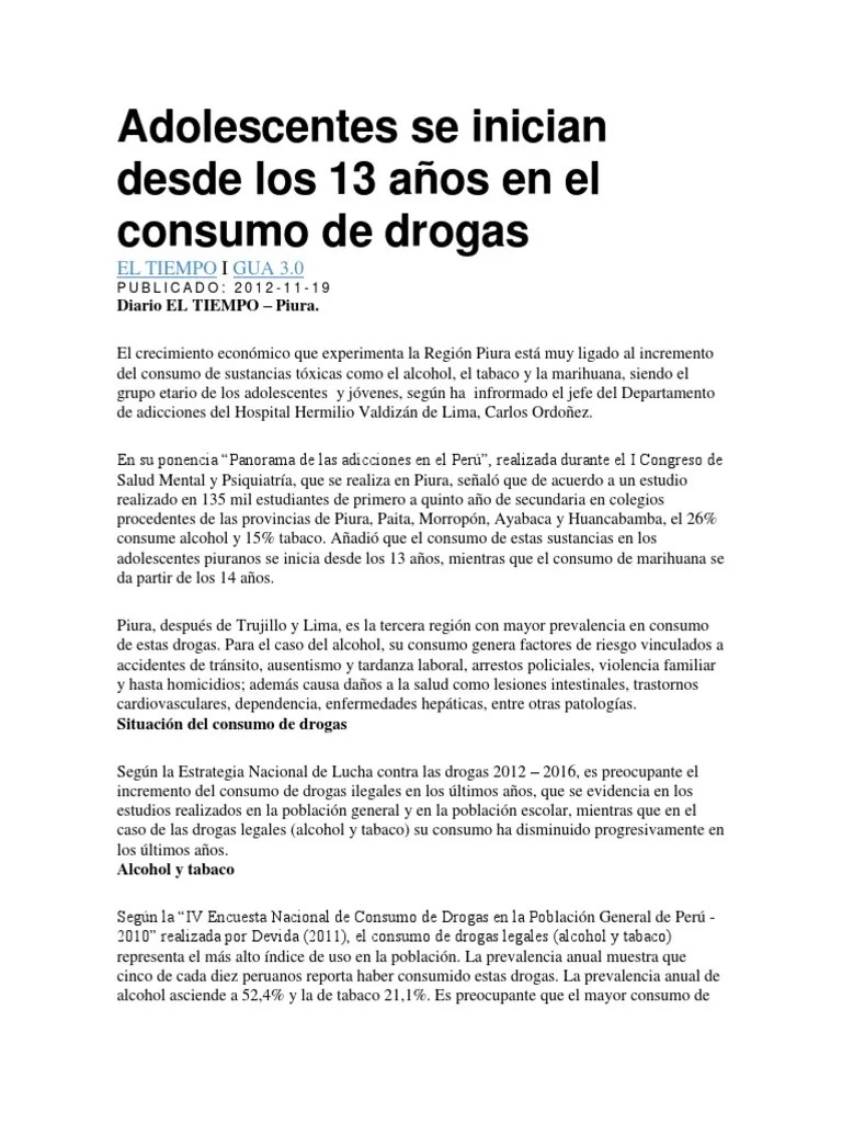 Adolescentes Se Inician Desde Los 13 Años En El Consumo De Drogas | PDF | La Dependencia De ...