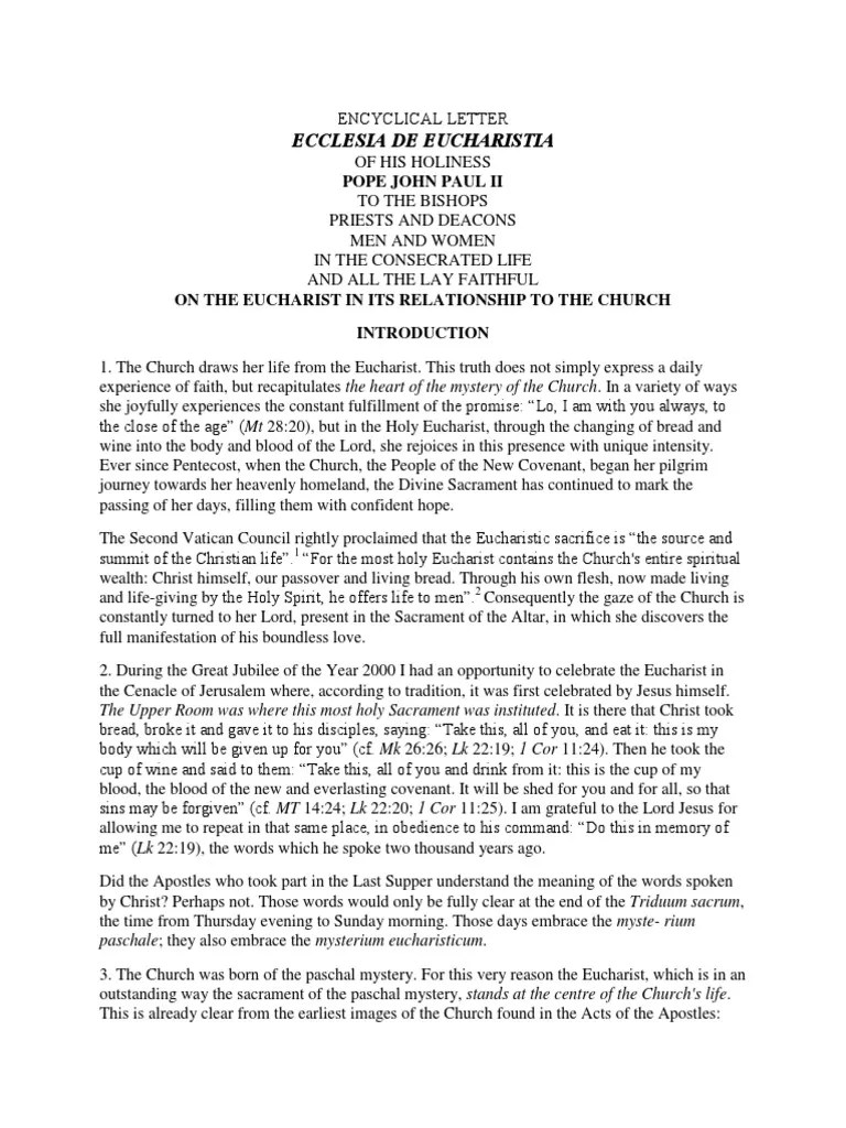 Ecclesia De Eucharistia: On The Eucharist In Its Relationship To The Church | PDF | Eucharist ...