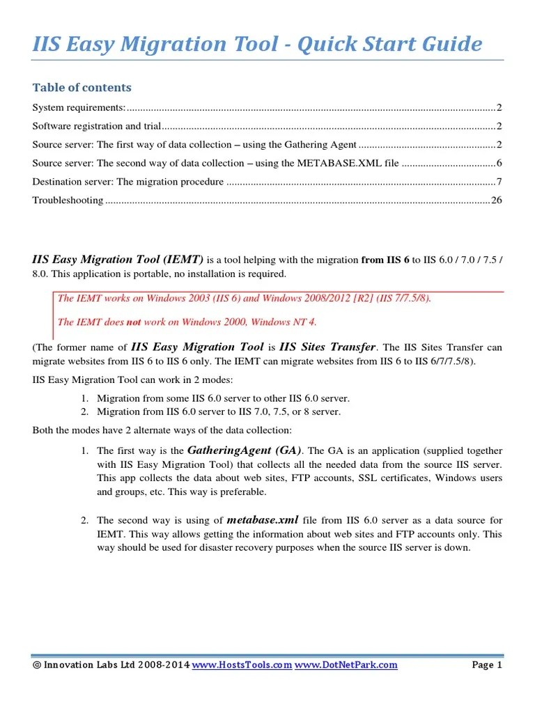 IIS Easy Migration Tool Quick Start Guide | PDF | Internet Information Services | File Transfer ...