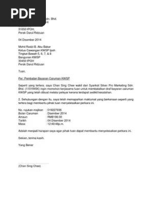 (a) jenis pengembalian (tandakan salah satu sahaja). Surat Pembatalan Caruman Kwsp Pdf