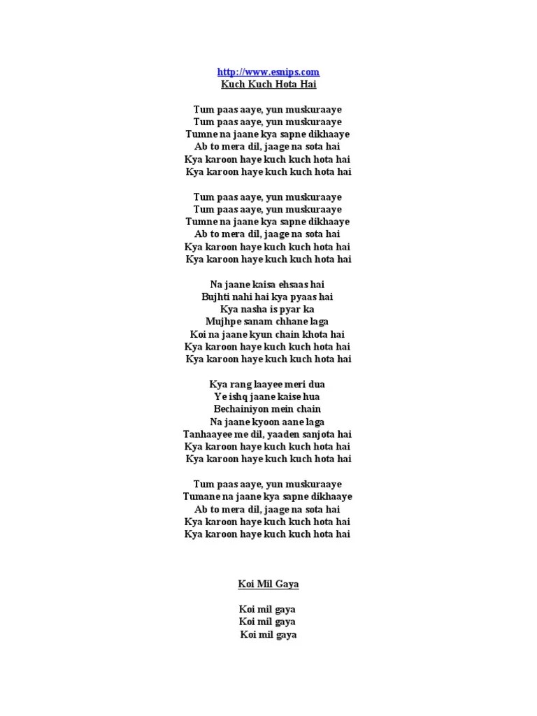 Kuch Kuch Hota Hai Songs Lyrics In English