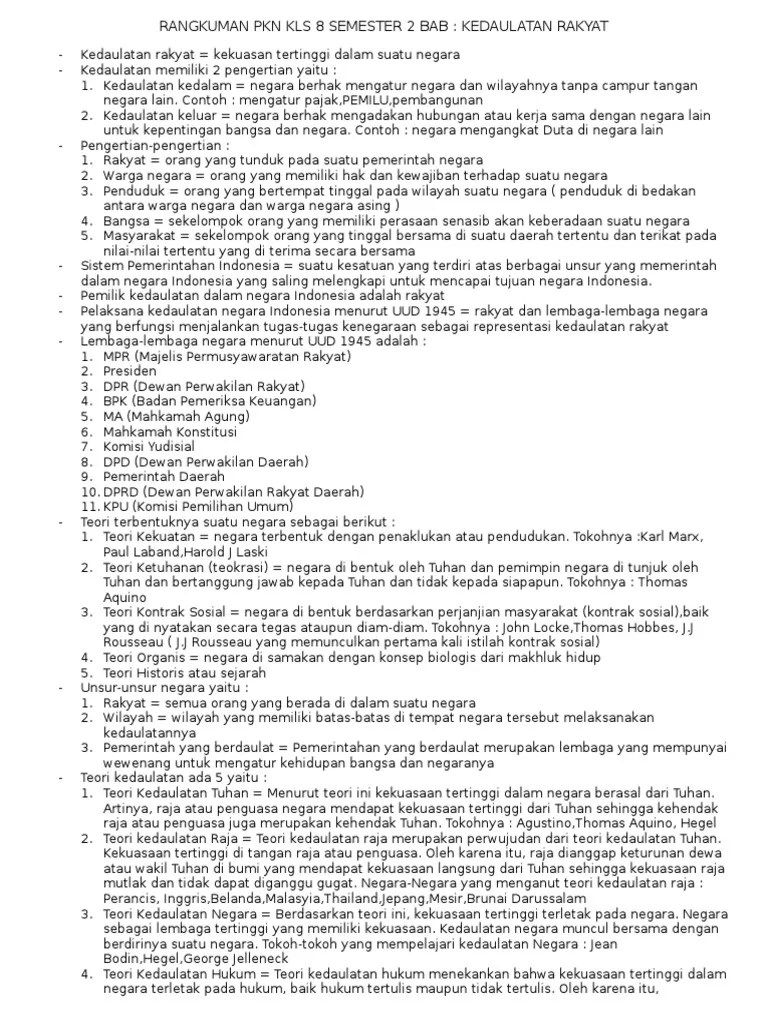 Selain rangkuman materi pkn tersedia juga rangkuman materi lainnya untuk jenjang smp khususnya bagi siswa kelas 9 yang disusun berdasarkan buku bse k13 revisi terbaru. Rangkuman Pkn Kls 8 Semester 2 Bab Kedaulatan Rakyat Pdf