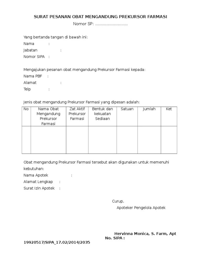 25/ps/ii/2014 manager pemasaran pt kain indahjalan krakatau. Contoh Surat Pesanan Obat Narkotika - Contoh Surat